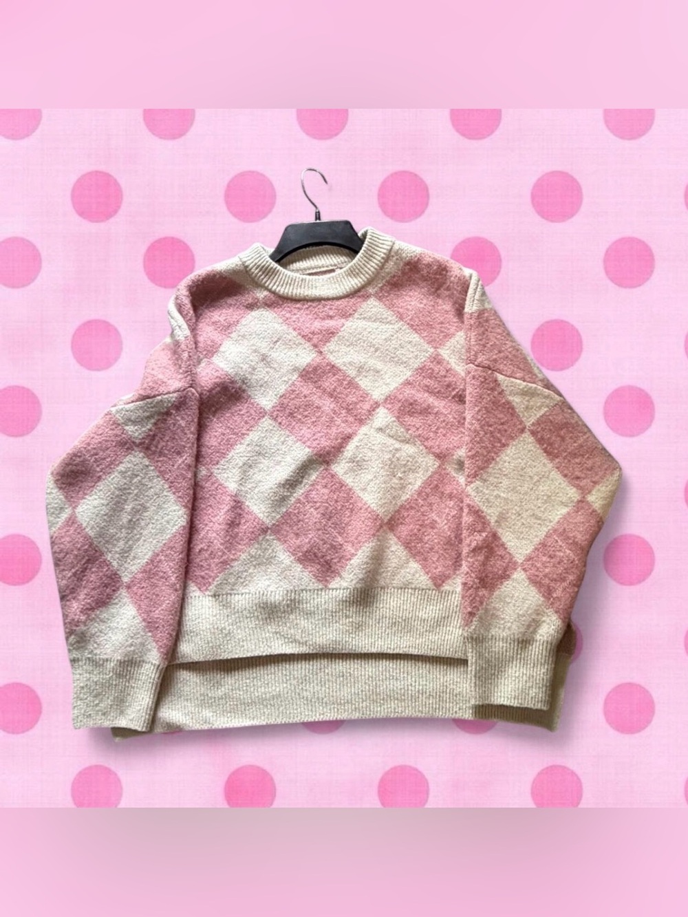 Cozy Pink Argyle Crewneck Sweater - Women